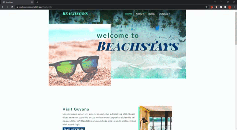 Preview of the psd-conversion website, featuring the title welcome to Beachstays and a nav