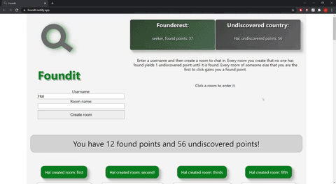 Preview of the Foundit website, featuring a title and some instructions, a login, highscores, and some rooms